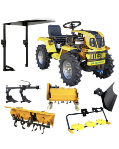 Minitractor ProGARDEN Campo T18 V25.1 4x4 18CP benzina hidraulica fata-spate roti 6.00-12 cu acoperis + freza tractata plug tocator vegetatie cositoare cu discuri si lama zapada/pietris