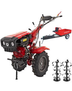 Motocultor Rotakt Grizzly RO13RE 2-PTO motor 13CP benzina 2+1 viteze latime lucru 56-135 cm freze roti cauciuc 5.00-12" pornire electrica 2 prize de putere + Remorca Rotakt Transporter REM600 4x4 capacitate incarcare 600 kg