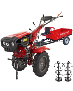 Motocultor 4x4 Rotakt Apollo RO13R-2P motor 13 CP benzina 2+1 viteze latime lucru 56-135 cm freze roti cauciuc 5.00-12" 2 prize putere remorca REM600 Transporter