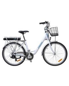 Bicicleta electrica Hecht prime white cu sasiu din aluminiu schimbator shimano acumulator 36 v