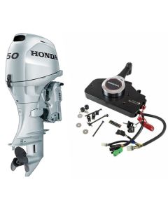 Motor barca Honda BF50DK4 LRTU cu mansa cizma lunga 50 CP 4T pornire electrica comanda la distanta rezervor atasat elice aluminiu cu 3 aripi port incarcare 17A