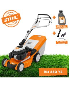 Masina de tuns iarba pe benzina STIHL RM 650 VS latime lucru 48 cm motor 3.5CP cos 70 l + ulei motor 10W-30 0.6L + kit mulcire AMK 045